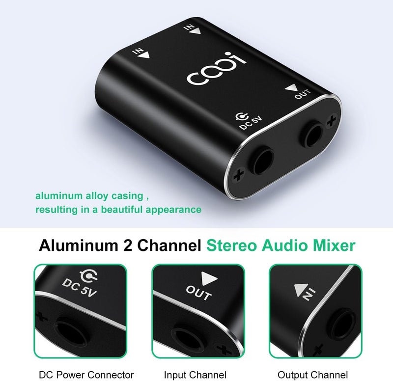 cooidea 2 Channel Stereo Audio Mixer - Metal Shell, AUX Interface Support 2 In 1 Out Mini Stereo Sound Mixer Includes 1-Meter Audio Cables - For PC, Phone, Laptop, Headphones - Image 2